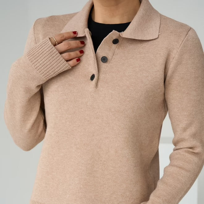Polo Neck 3 Button Sweater - Camel