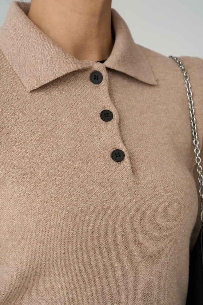 Polo Neck 3 Button Sweater - Camel