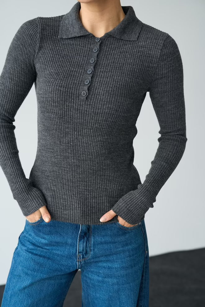 Polo Neck 6 Button Sweater - Anthracite