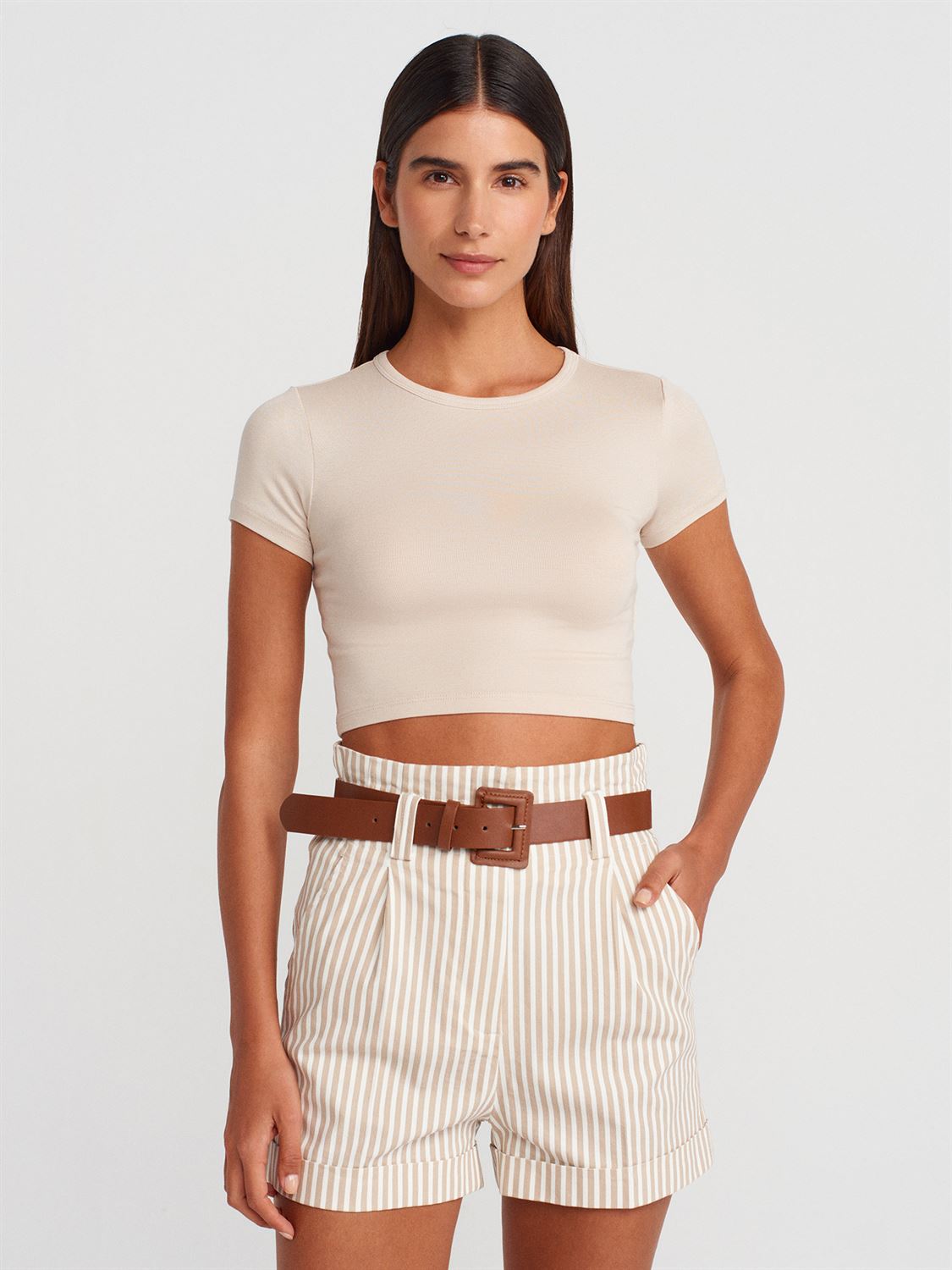 Short Striped Beige and White