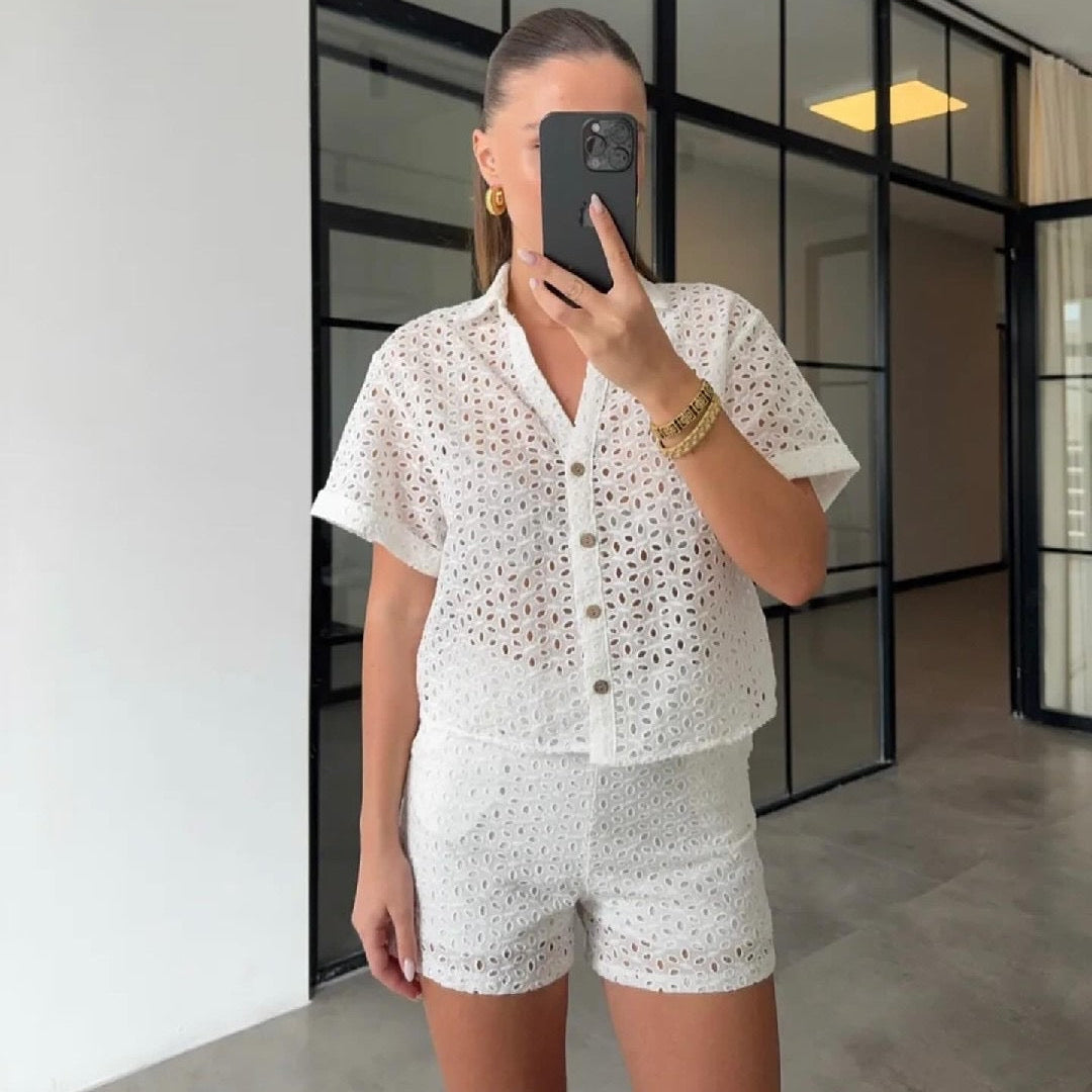 Luxe Embroidered White Shirt & Shorts Set
