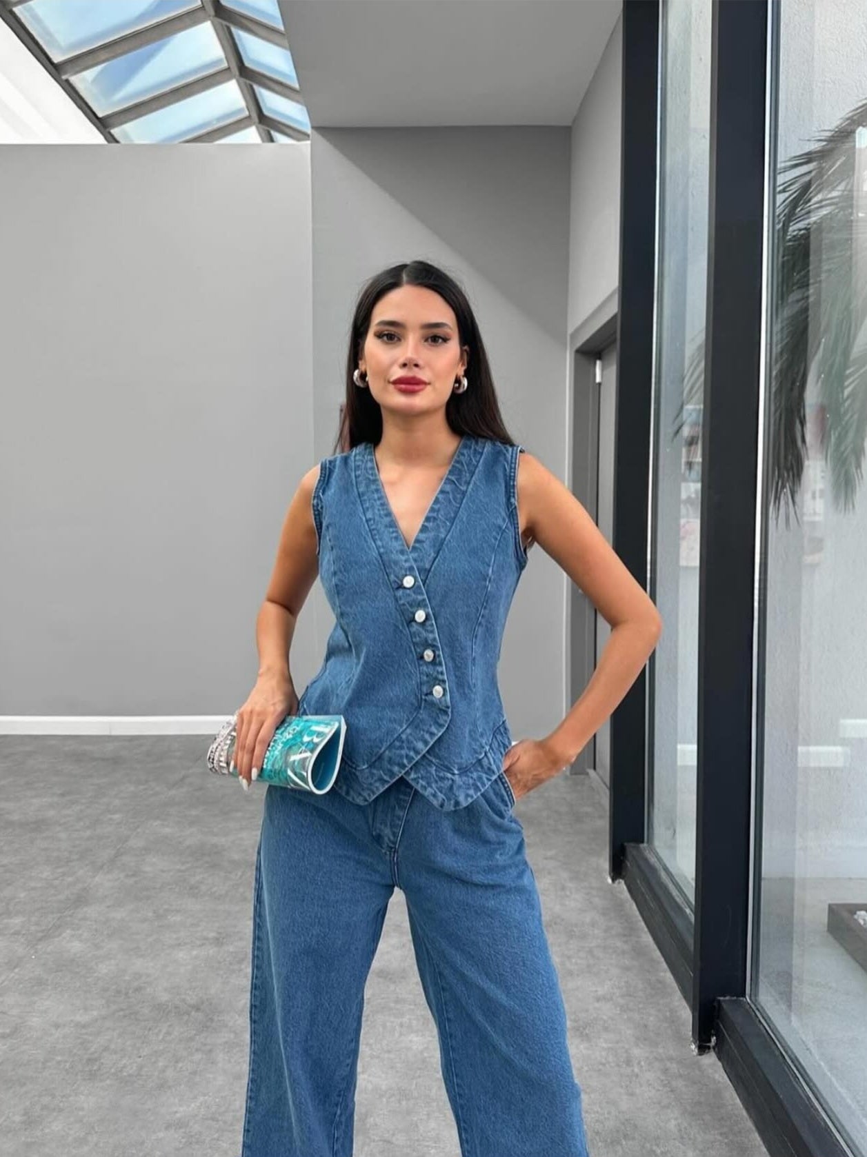 Denim Set Pant With Button Vest