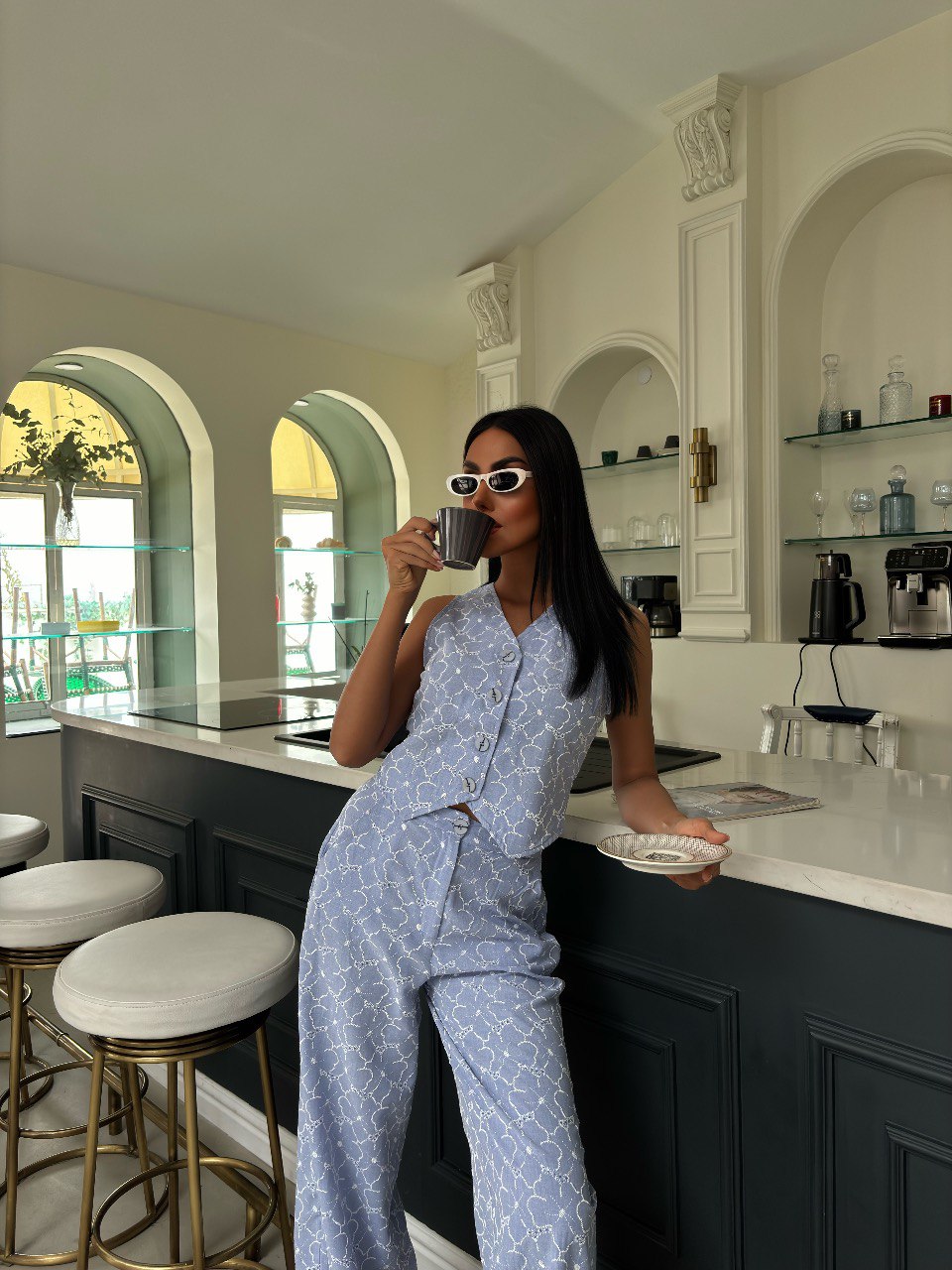 Embroidered Pattern Vest Trousers Linen Suit