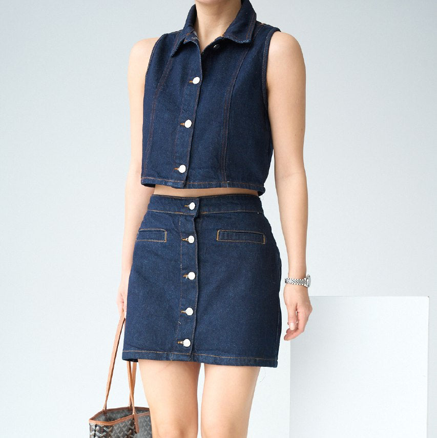 Sherly Denim Set Vest With Skirt