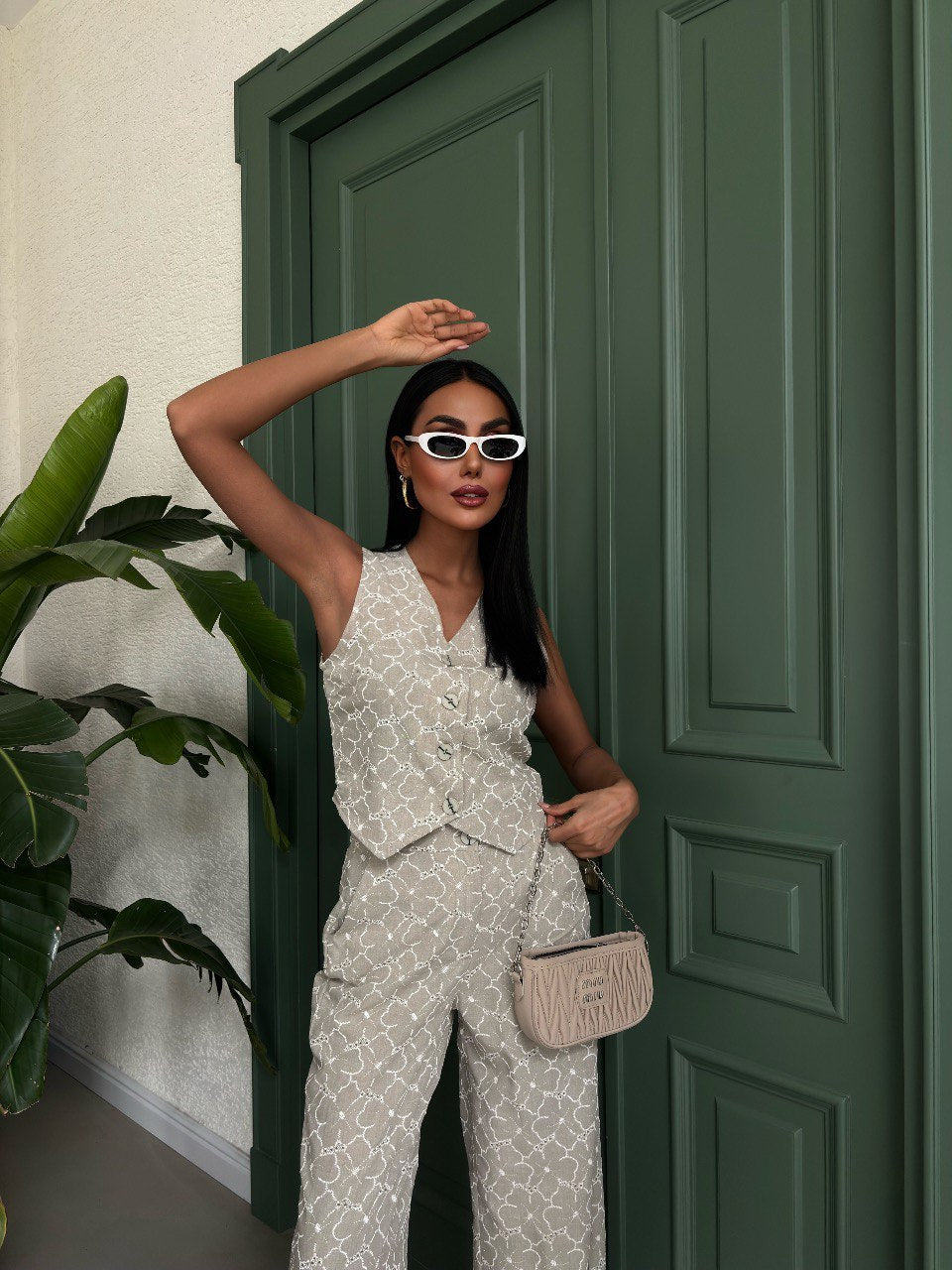 Embroidered Pattern Vest Trousers Linen Suit