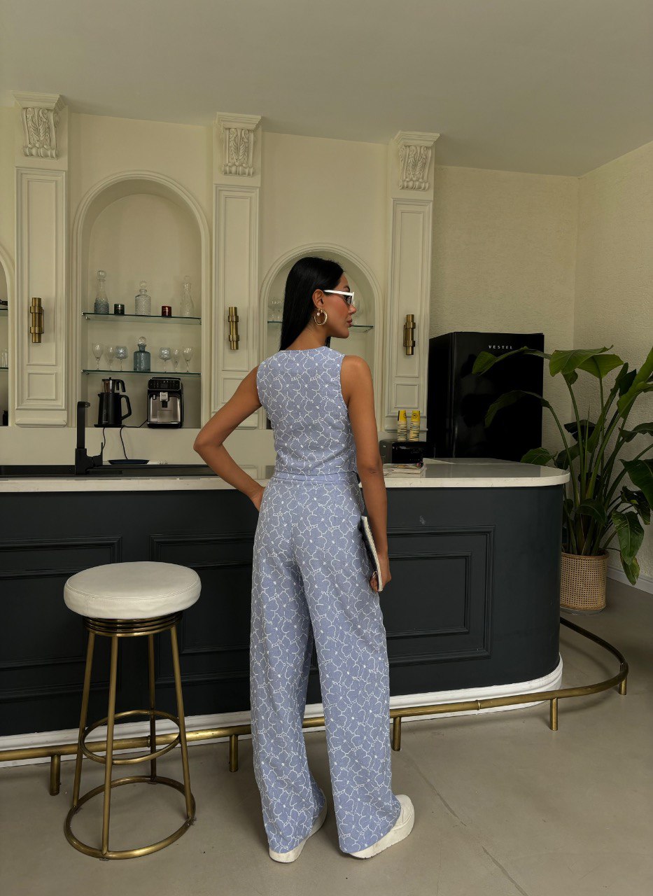 Embroidered Pattern Vest Trousers Linen Suit