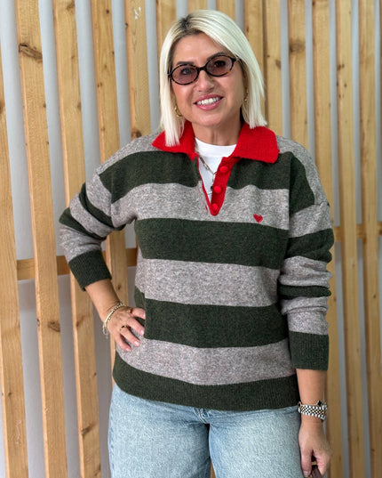 Khaki Polo-Collar Heart-Embroidered Striped Soft-Textured Sweater