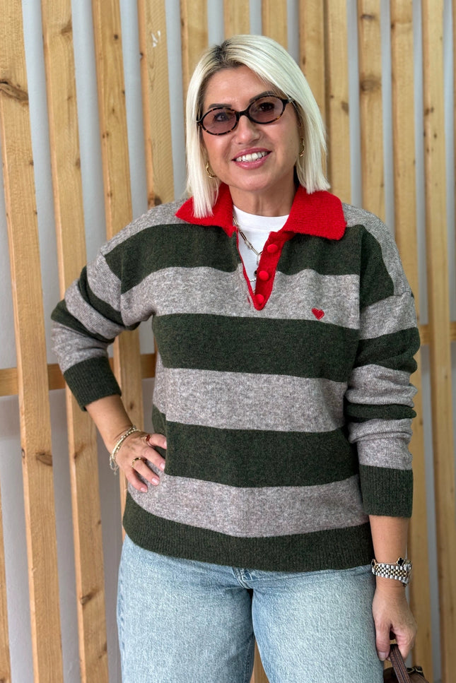 Khaki Polo-Collar Heart-Embroidered Striped Soft-Textured Sweater