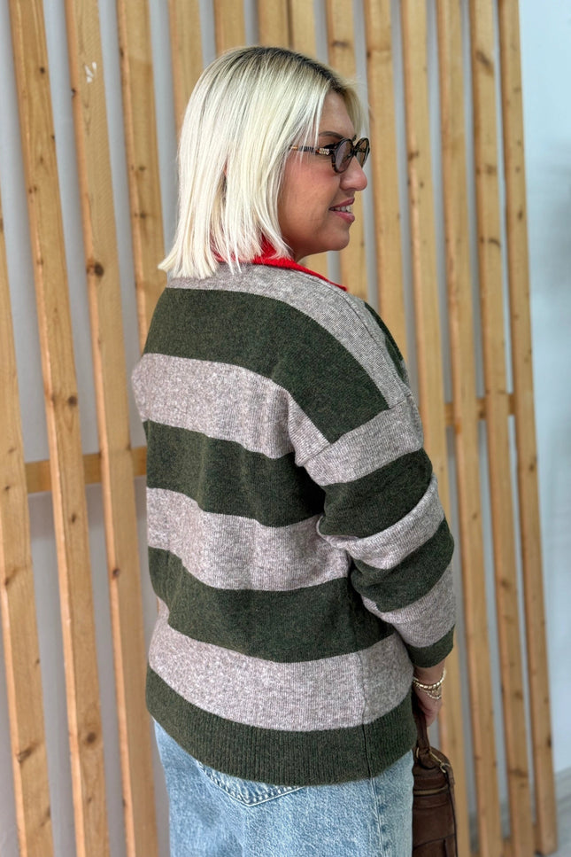 Khaki Polo-Collar Heart-Embroidered Striped Soft-Textured Sweater