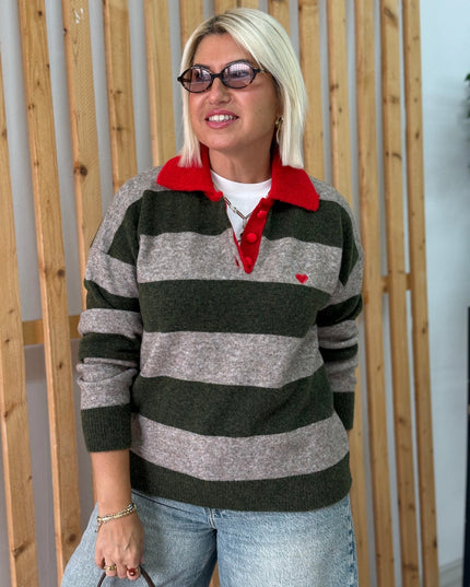 Khaki Polo-Collar Heart-Embroidered Striped Soft-Textured Sweater