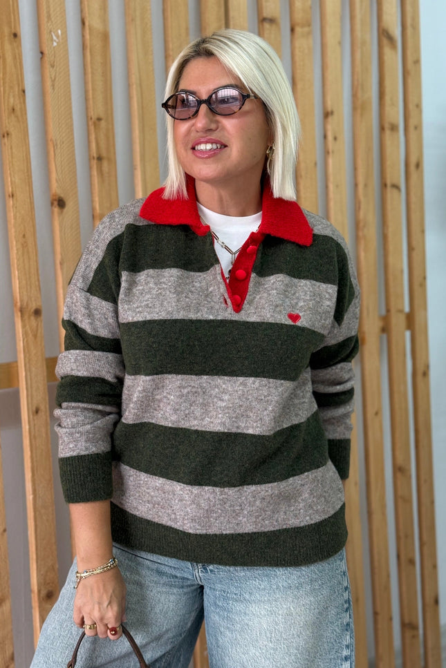 Khaki Polo-Collar Heart-Embroidered Striped Soft-Textured Sweater