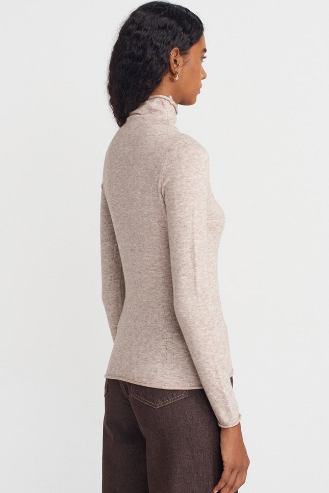 Soft Thin Knit High Neck Wool Blend Sweater for Women - Mink