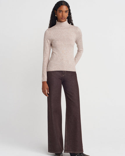 Soft Thin Knit High Neck Wool Blend Sweater for Women - Mink