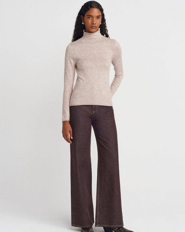 Soft Thin Knit High Neck Wool Blend Sweater for Women - Mink