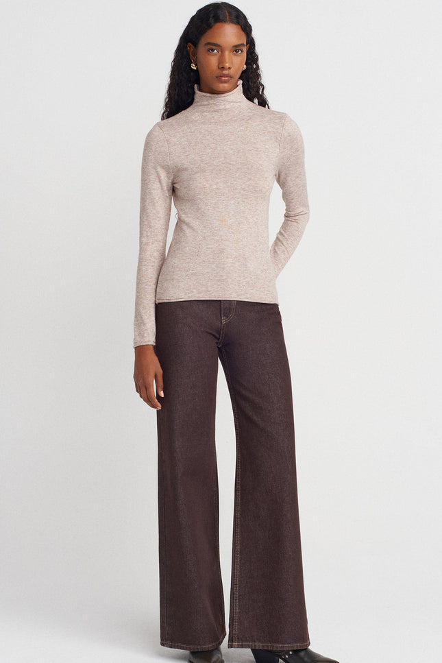 Soft Thin Knit High Neck Wool Blend Sweater for Women - Mink