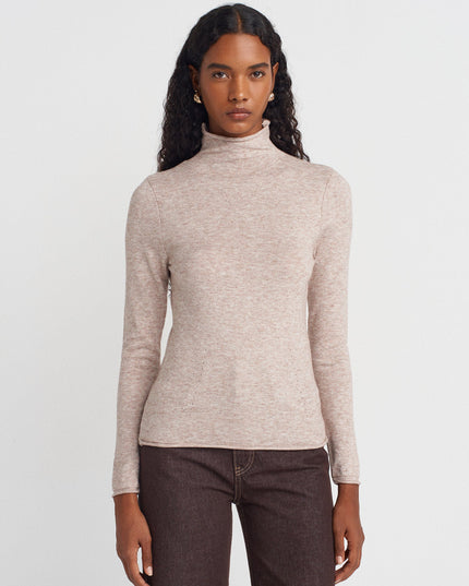 Soft Thin Knit High Neck Wool Blend Sweater for Women - Mink