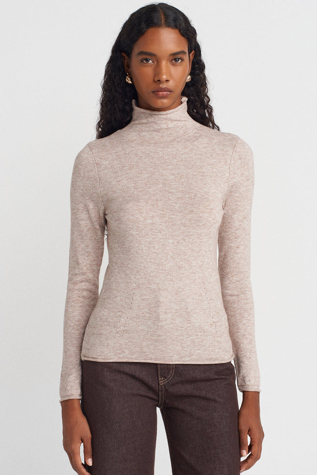 Soft Thin Knit High Neck Wool Blend Sweater for Women - Mink