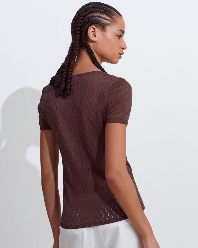 10730 Açık Bisiklet Yaka Ajurlu Fiyonk Detaylı İnce Triko Bluz-Kahve