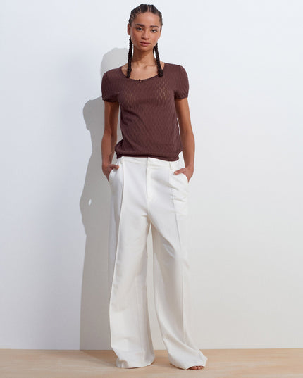 10730 Açık Bisiklet Yaka Ajurlu Fiyonk Detaylı İnce Triko Bluz-Kahve