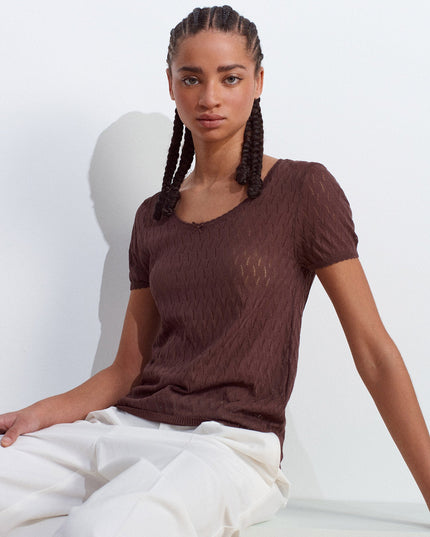 10730 Açık Bisiklet Yaka Ajurlu Fiyonk Detaylı İnce Triko Bluz-Kahve