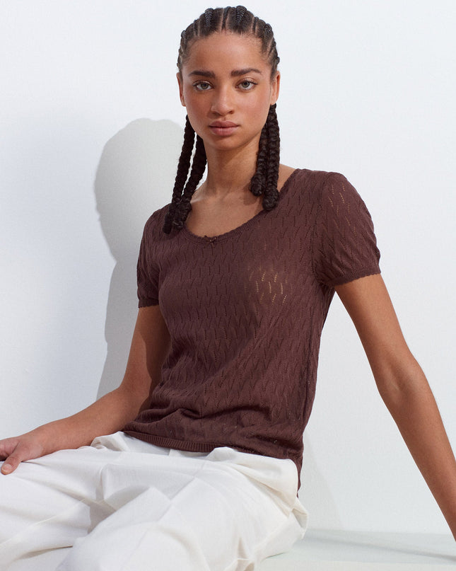 10730 Açık Bisiklet Yaka Ajurlu Fiyonk Detaylı İnce Triko Bluz-Kahve