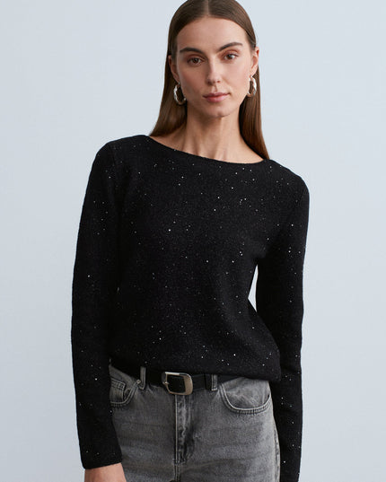 Sparkling Boat Neck Wool Blend Sweater for Women - Elegant Black Knit Top