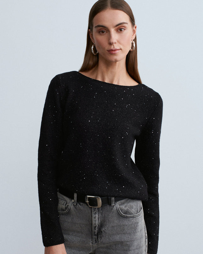 Sparkling Boat Neck Wool Blend Sweater for Women - Elegant Black Knit Top