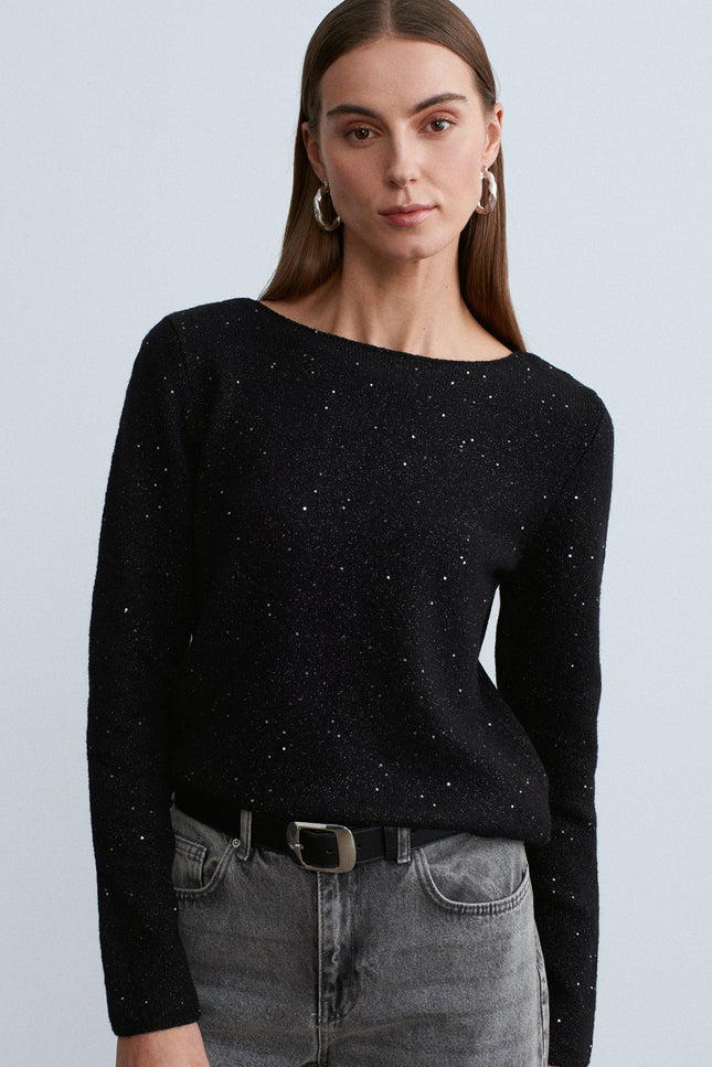 Sparkling Boat Neck Wool Blend Sweater for Women - Elegant Black Knit Top