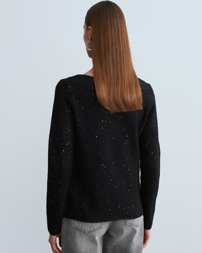 Sparkling Boat Neck Wool Blend Sweater for Women - Elegant Black Knit Top