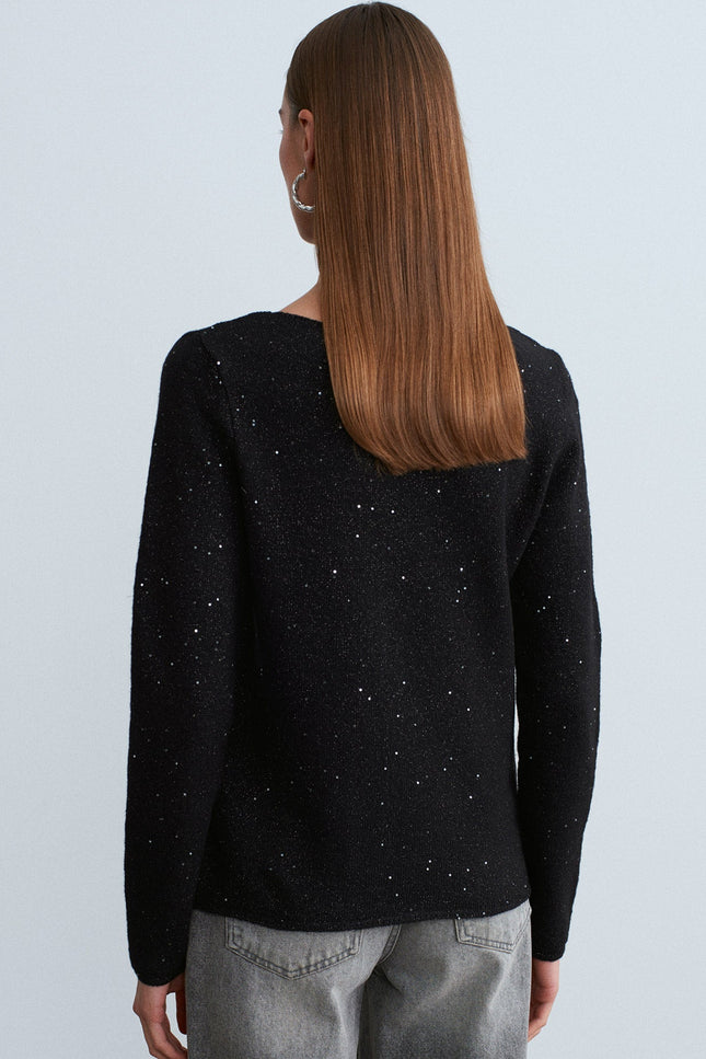 Sparkling Boat Neck Wool Blend Sweater for Women - Elegant Black Knit Top