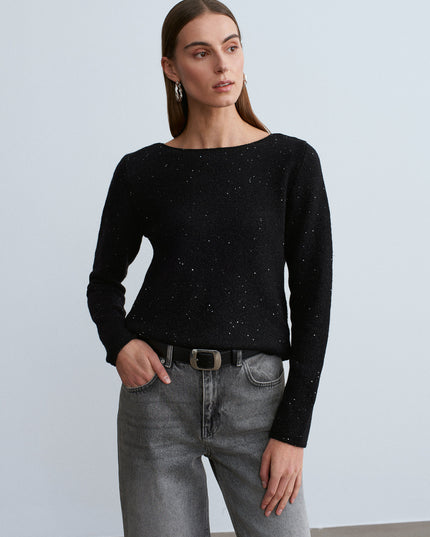 Sparkling Boat Neck Wool Blend Sweater for Women - Elegant Black Knit Top