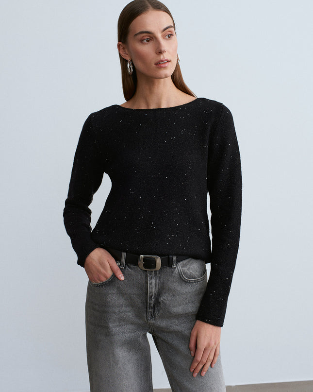 Sparkling Boat Neck Wool Blend Sweater for Women - Elegant Black Knit Top
