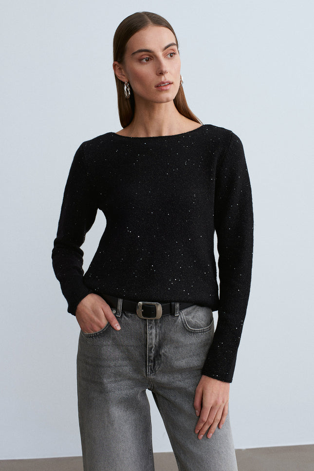 Sparkling Boat Neck Wool Blend Sweater for Women - Elegant Black Knit Top