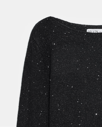 Sparkling Boat Neck Wool Blend Sweater for Women - Elegant Black Knit Top