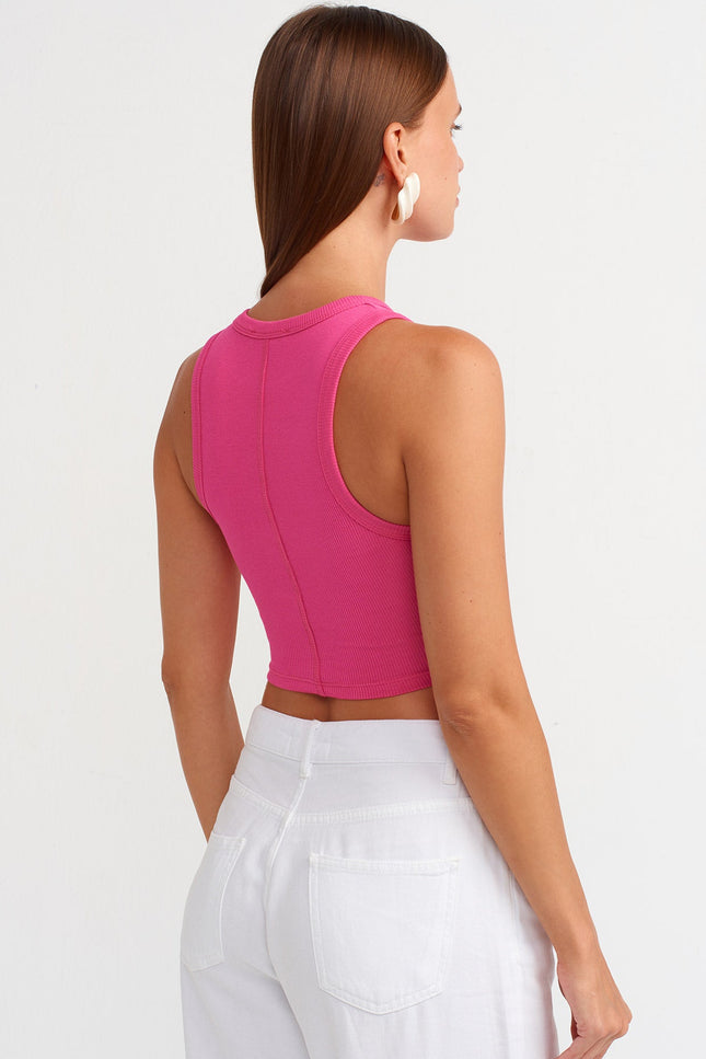 20820 Dikiş Efektli Crop Top-Fuşya