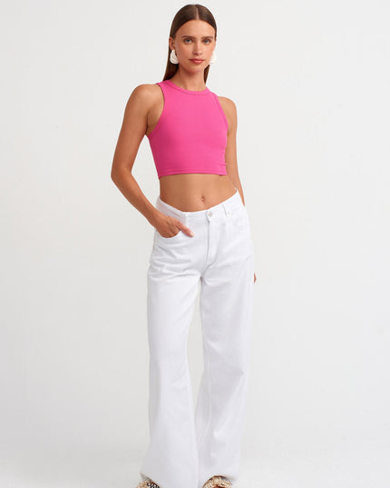 20820 Dikiş Efektli Crop Top-Fuşya