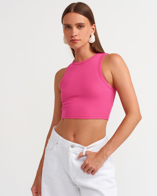 20820 Dikiş Efektli Crop Top-Fuşya