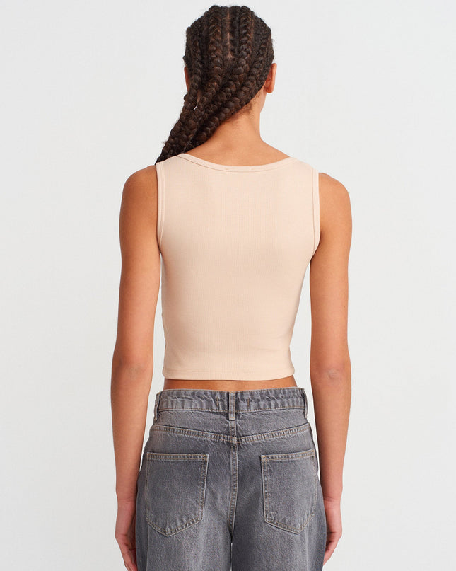 20983 Düğmeli Kare Yaka Top-Açık Bej