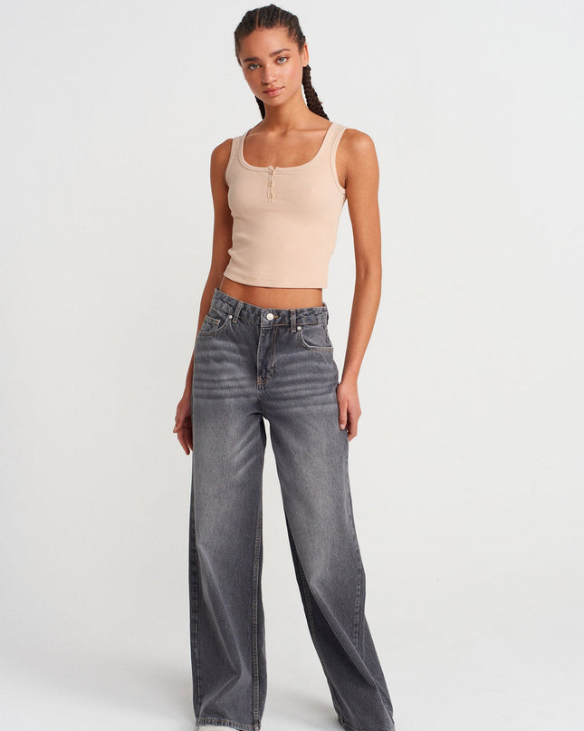 20983 Düğmeli Kare Yaka Top-Açık Bej