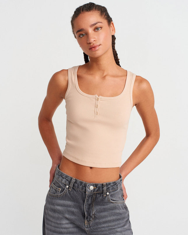 20983 Düğmeli Kare Yaka Top-Açık Bej