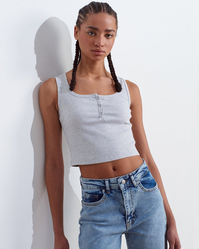 20983 Düğmeli Kare Yaka Top-Gri Melanj