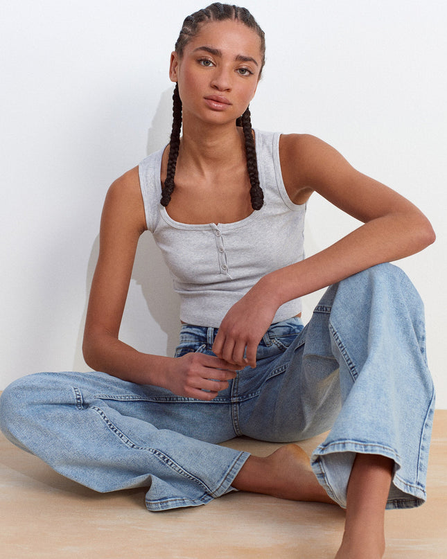 20983 Düğmeli Kare Yaka Top-Gri Melanj