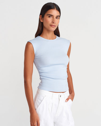 21054 Büzgülü Basic T-Shirt-Açık Mavi