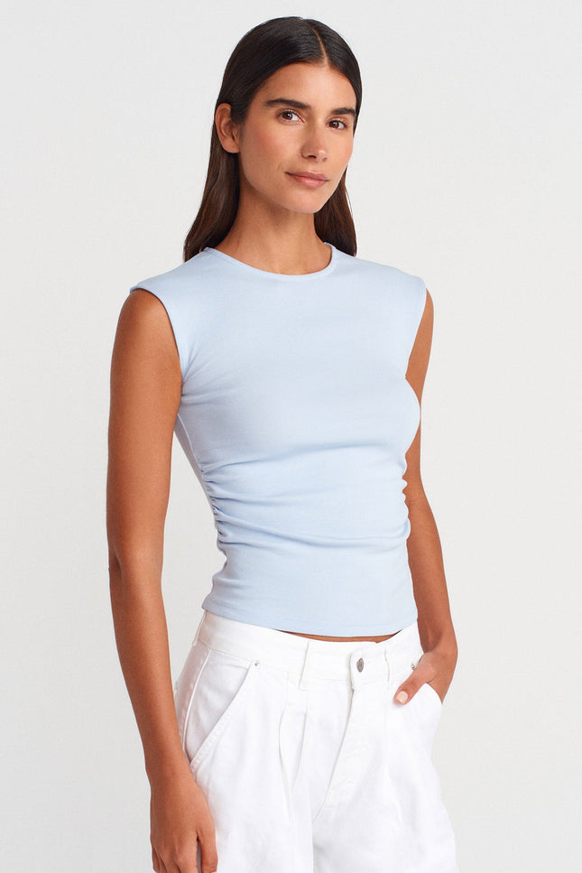21054 Büzgülü Basic T-Shirt-Açık Mavi