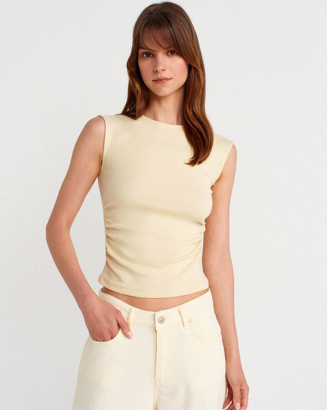 21054 Büzgülü Basic T-Shirt-Açık Sarı