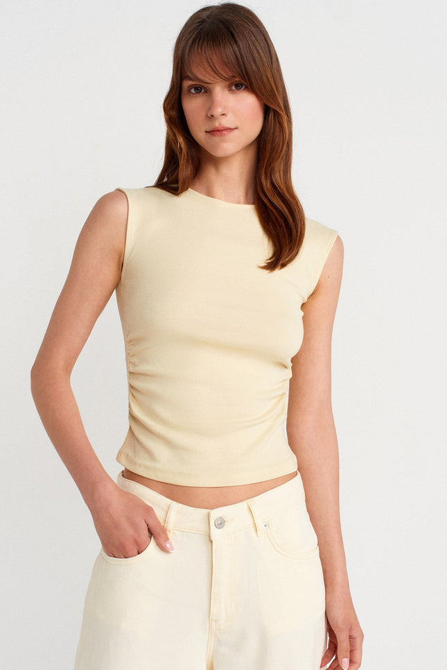 21054 Büzgülü Basic T-Shirt-Açık Sarı