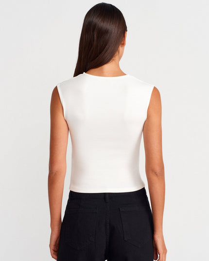 21054 Büzgülü Basic T-Shirt-Ekru