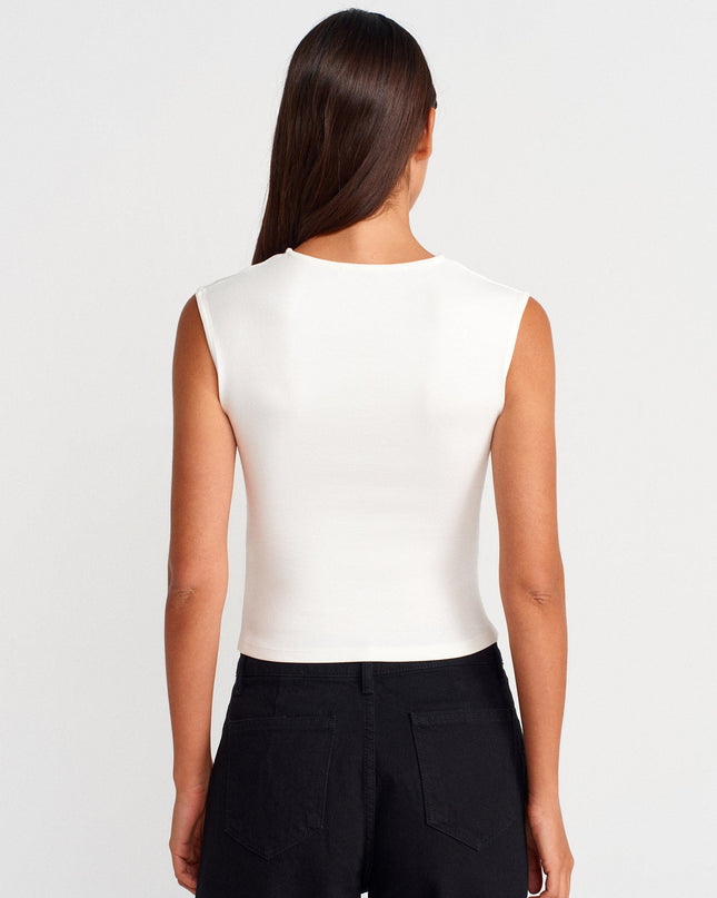 21054 Büzgülü Basic T-Shirt-Ekru