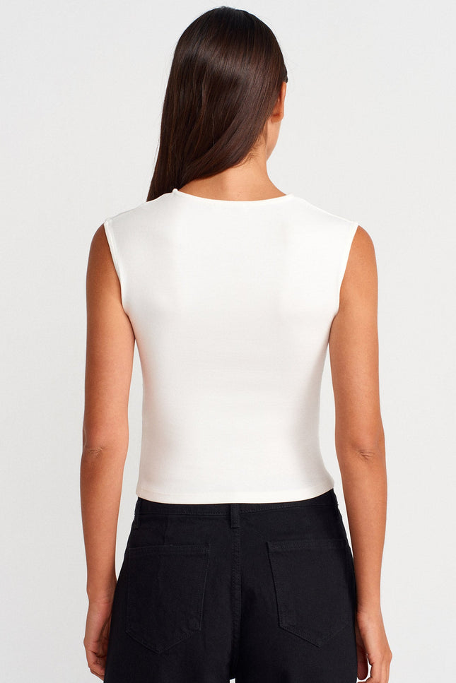 21054 Büzgülü Basic T-Shirt-Ekru