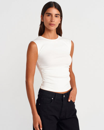 21054 Büzgülü Basic T-Shirt-Ekru